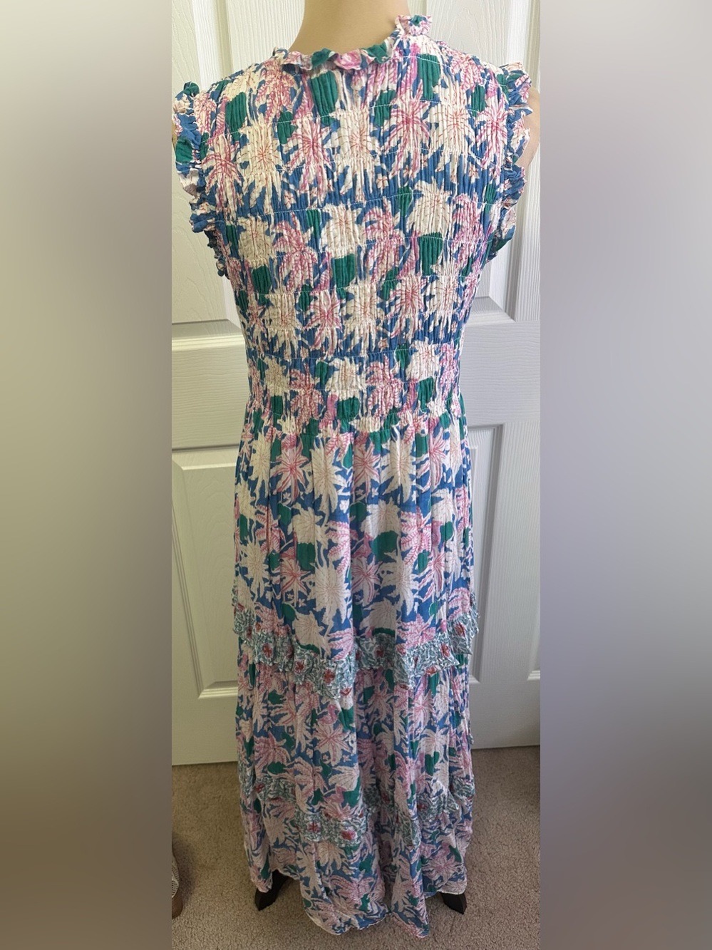Oliphant Blue Pink Floral Smocked Maxi Dress - Picture 4 of 7